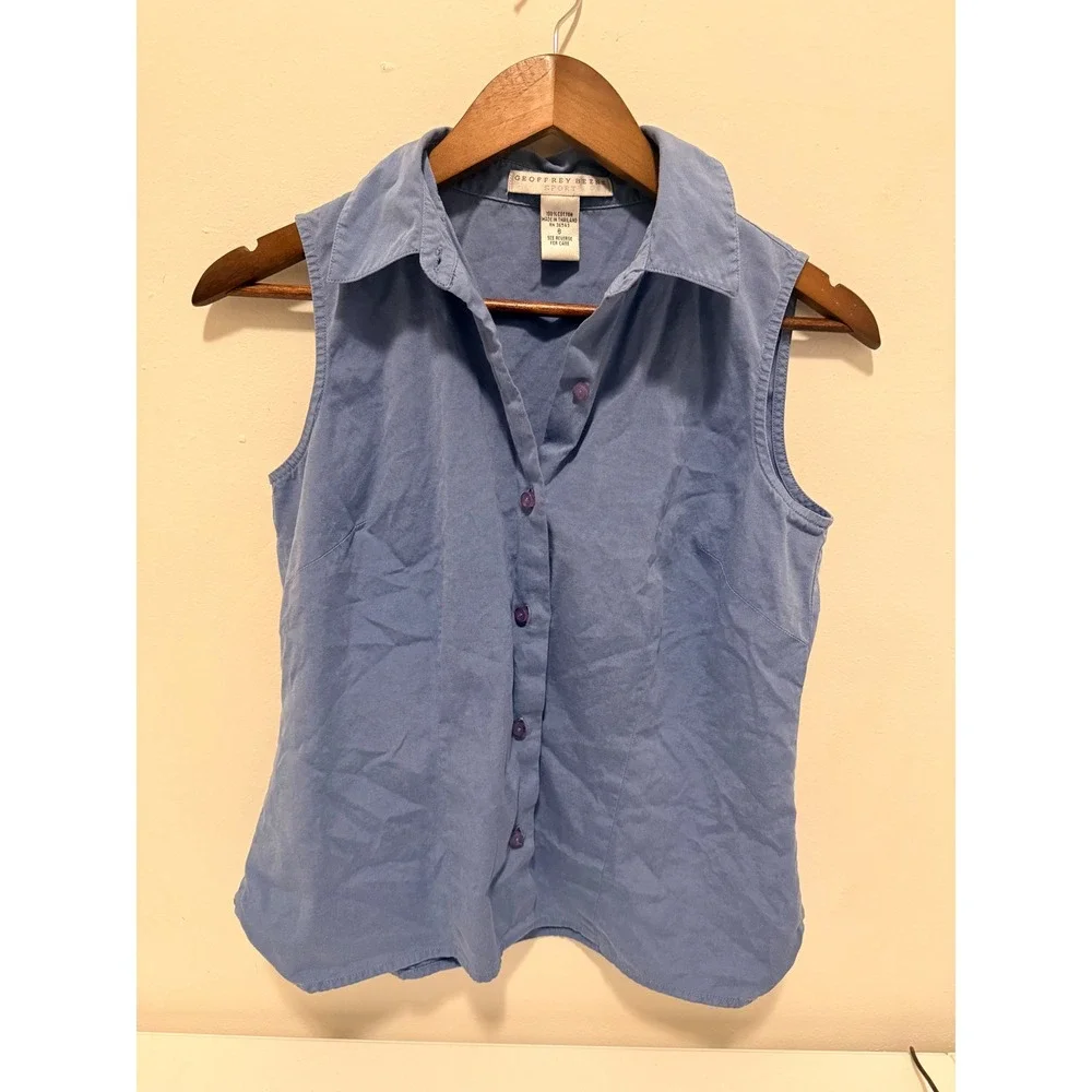 Geoffrey Beene Sport Sleeveless Shirt Womens 6 Blue Cotton Button Down - Picture 5 of 6